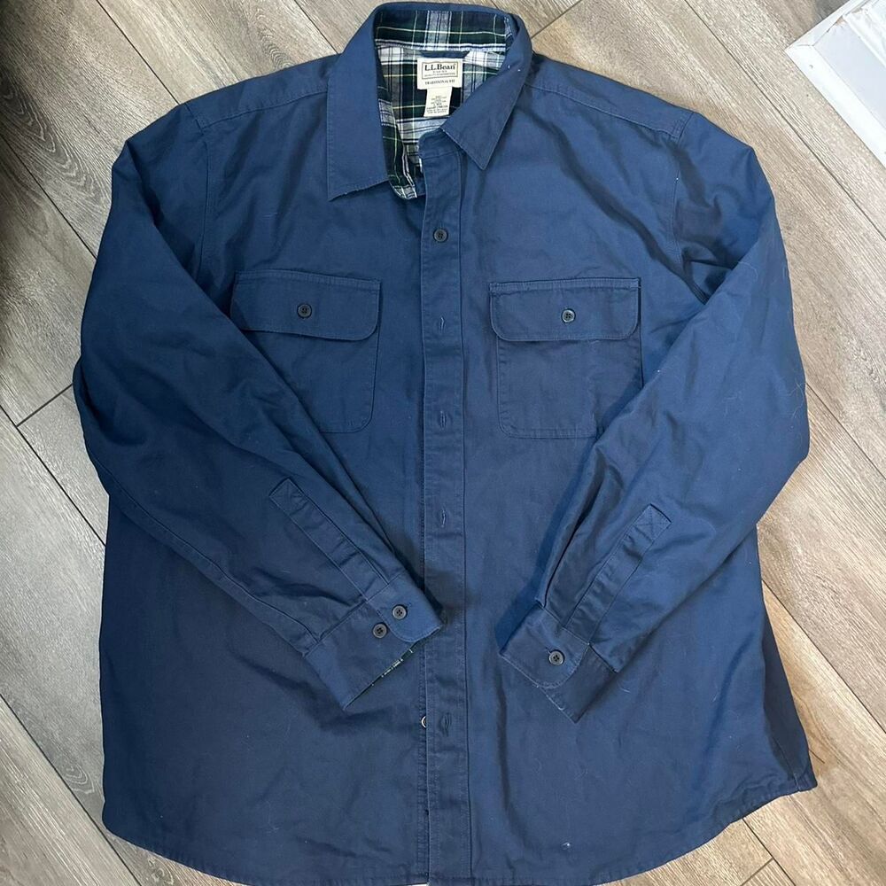 L.L.Bean Navy Blue Cotton Flannel Lined Shirt Size: L